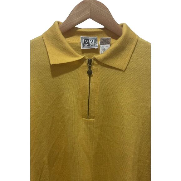 Vtg V2 Versace Men's 1/4 Zip Pullover Sweater Yellow Merino Wool Knit Size L euc - Picture 3 of 6